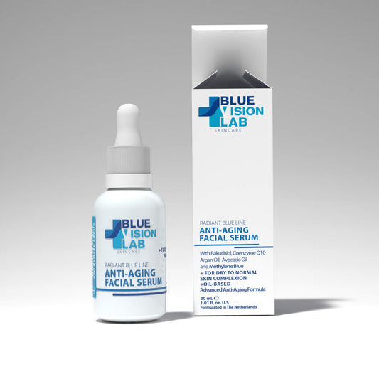Blue Vision Lab anti-aging facial serum for dry skin complexion with methylene blue in white pipette bottle next to paper box packaging