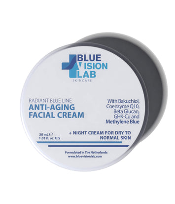 Blue Vision Lab anti-aging facial night cream for normal to dry skin container with methylene blue on white background