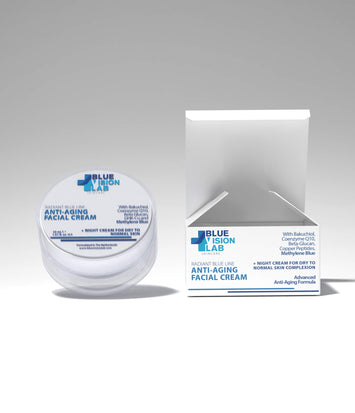 Blue Vision Lab anti-aging facial night cream for normal to dry skin container with methylene blue next to paper box packaging on grey background