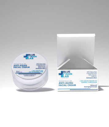 Blue Vision Lab anti-aging facial day cream for oily skin container with methylene blue next to paper box packaging on grey background