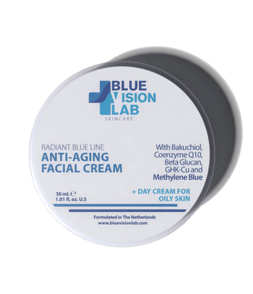 Blue Vision Lab anti-aging facial day cream for oily skin container with methylene blue on white background
