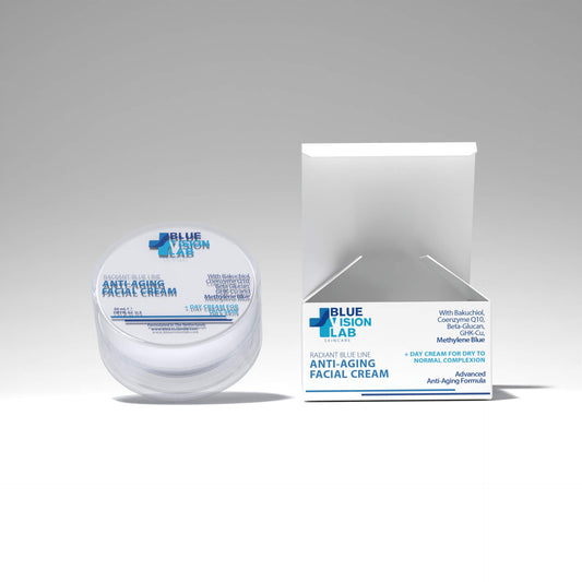 Blue Vision Lab anti-aging facial day cream for dry to normal skin container with methylene blue next to paper box packaging on grey background
